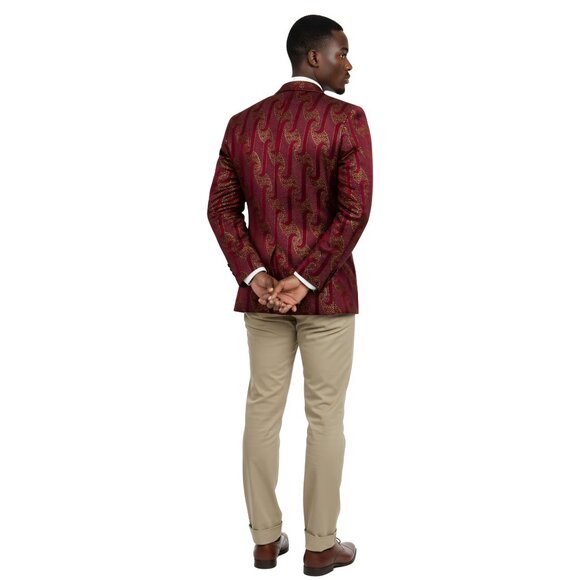 Empire™ Metallic Brocade Wave Modern-Fit Peak Lapel Blazer, Burgundy & Gold - Picture 4 of 5